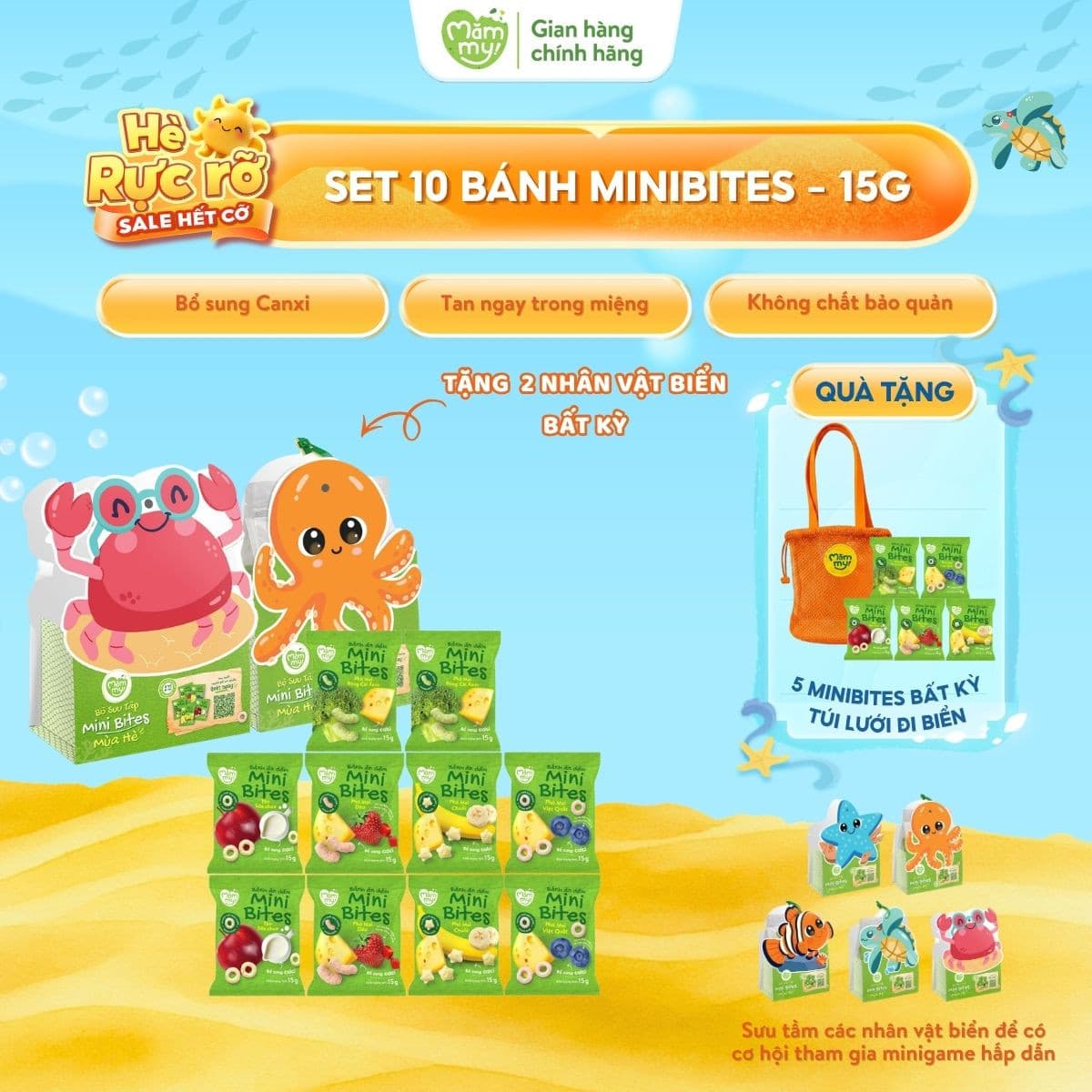 Combo 10 Bánh Ăn Dặm Minibites Đủ Vị + 2 Túi Giấy Minibites - Tặng 5 Bánh Minibites + Túi Lưới Đi Biển 2