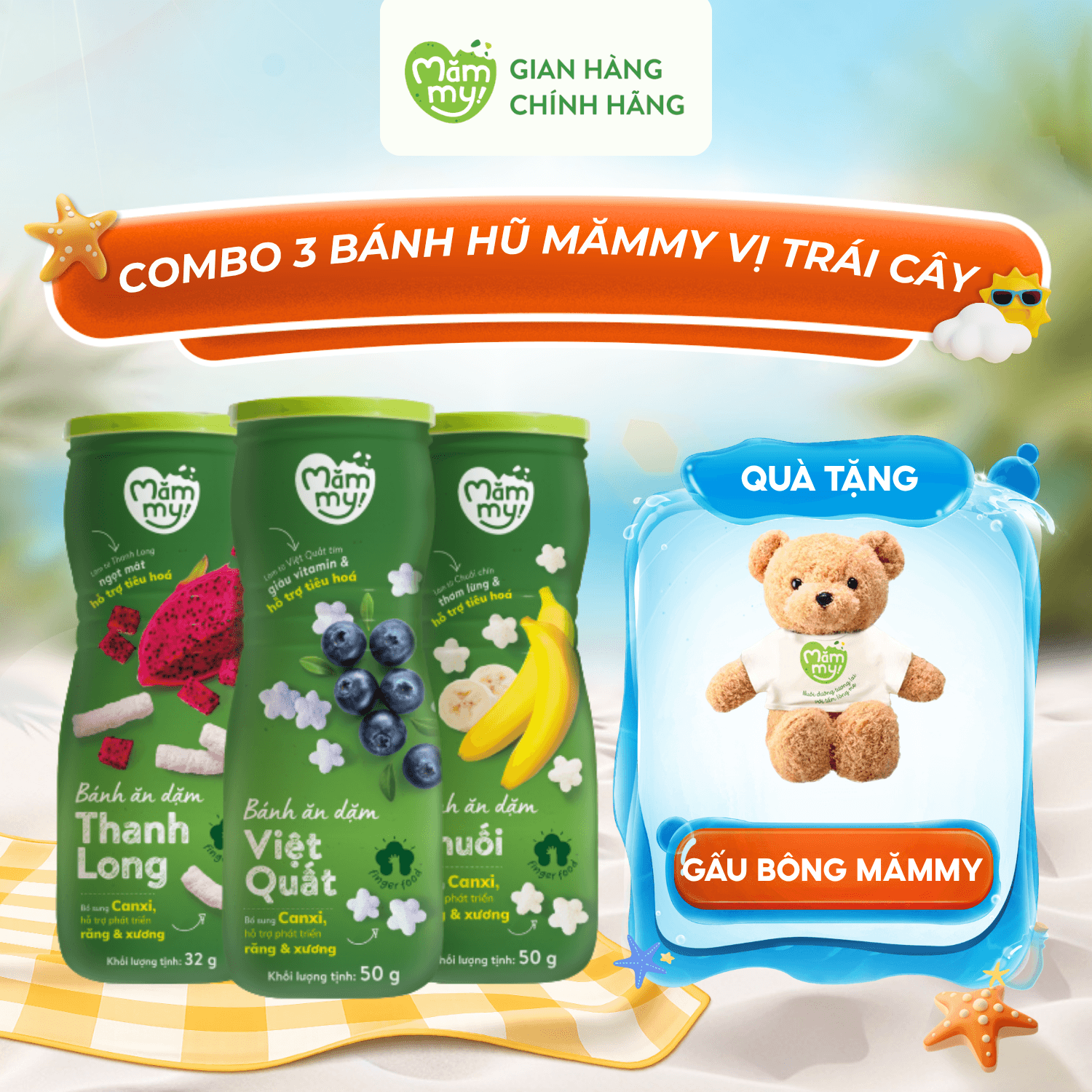 Combo 3 hũ bánh ăn dặm vị trái cây - Tặng GẤU BÔNG MĂMMY