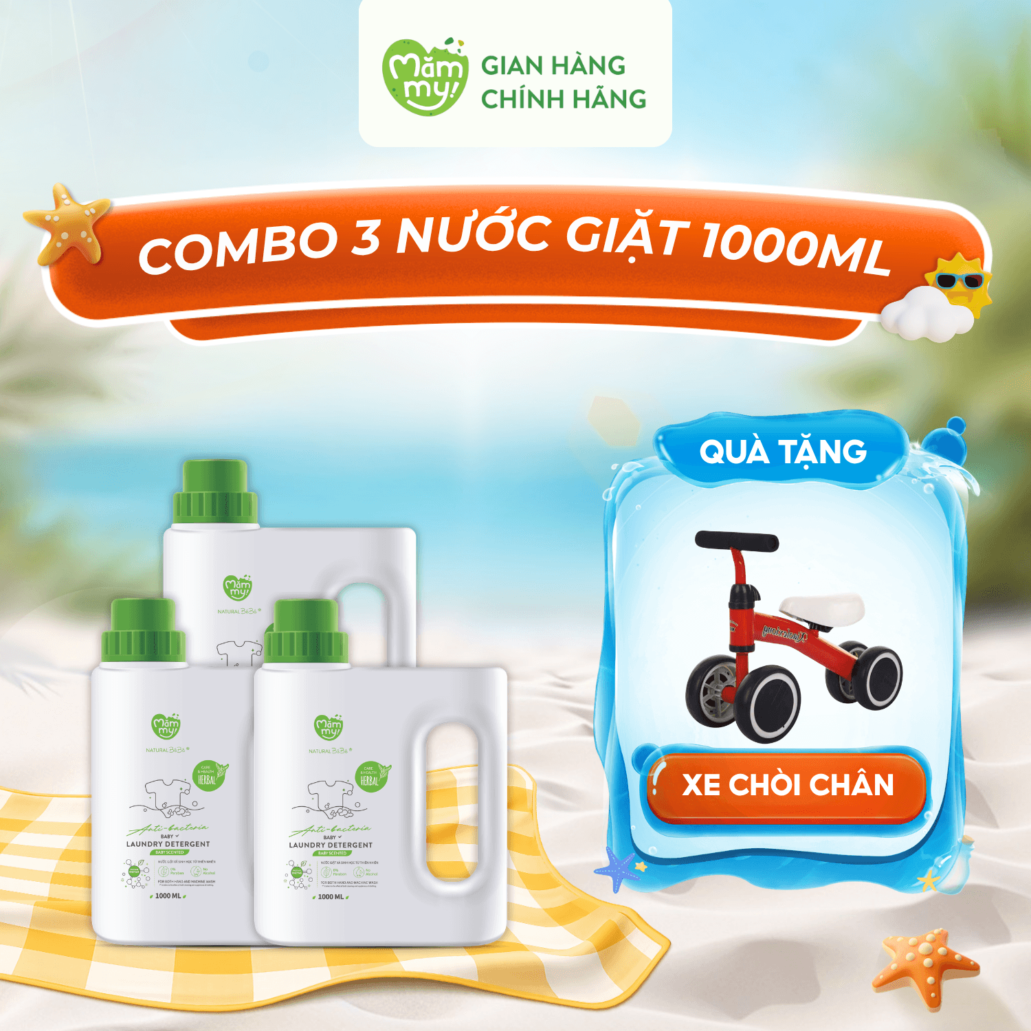 Combo 3 nước giặt xả sinh học Natural BéBé - Tặng XE CHÒI CHÂN CHO BÉ - Can 1000ml