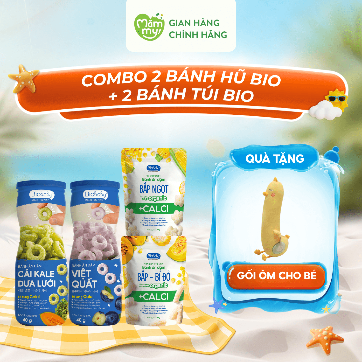 CB 2 bánh hũ bio & 2 bánh túi bio - Tặng GỐI ÔM CHO BÉ 1