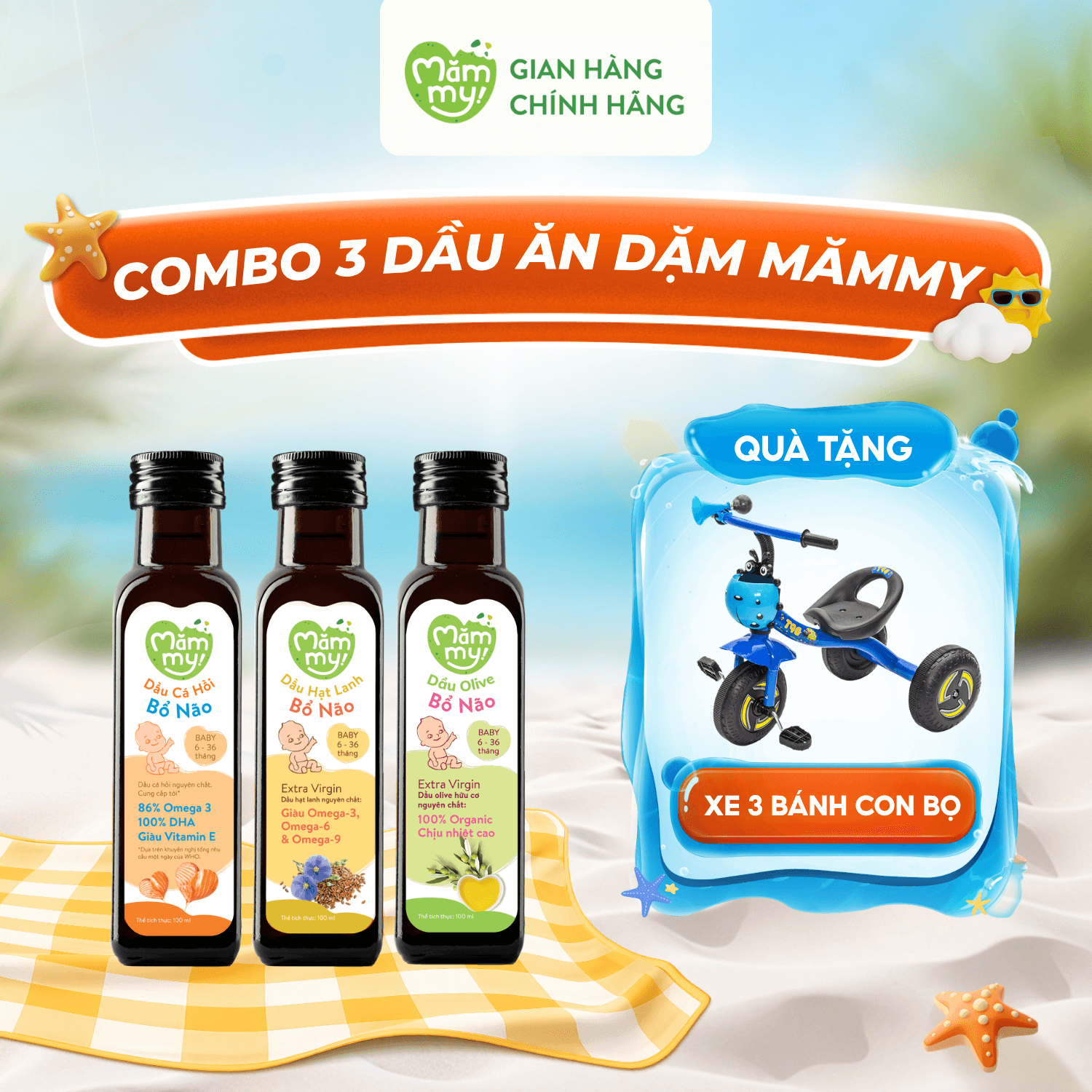Combo 3 dầu ăn dặm 100ml - Tặng XE 3 BÁNH CON BỌ 1