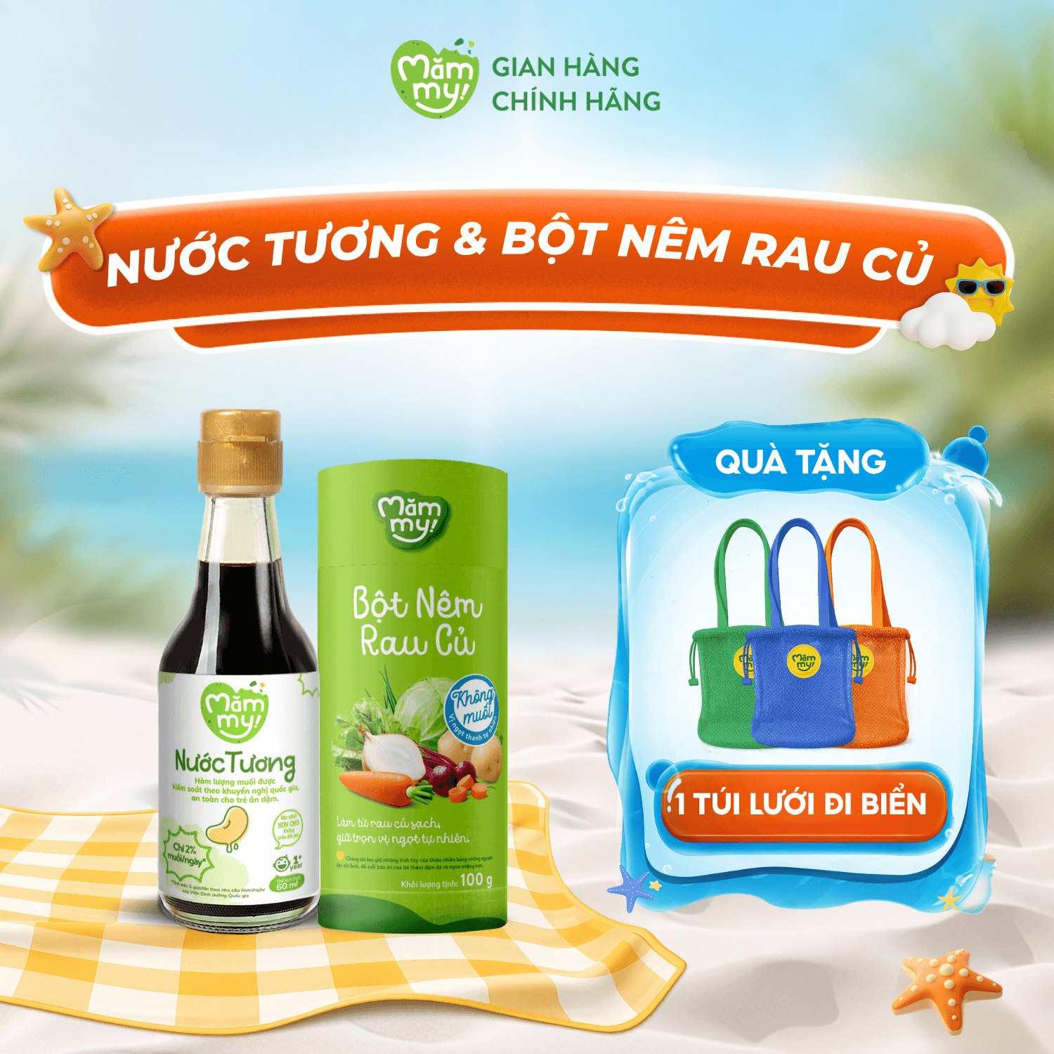 Combo gia vị: Nước tương + bột nêm rau củ - Tặng TÚI LƯỚI ĐI BIỂN