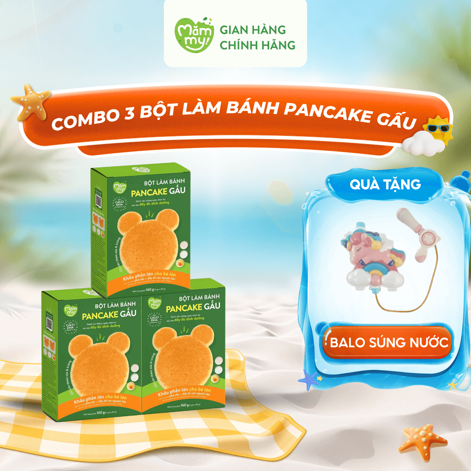 COMBO 3 HỘP LÀM BÁNH PANCAKE GẤU - Tặng BALO DÚNG NƯỚC