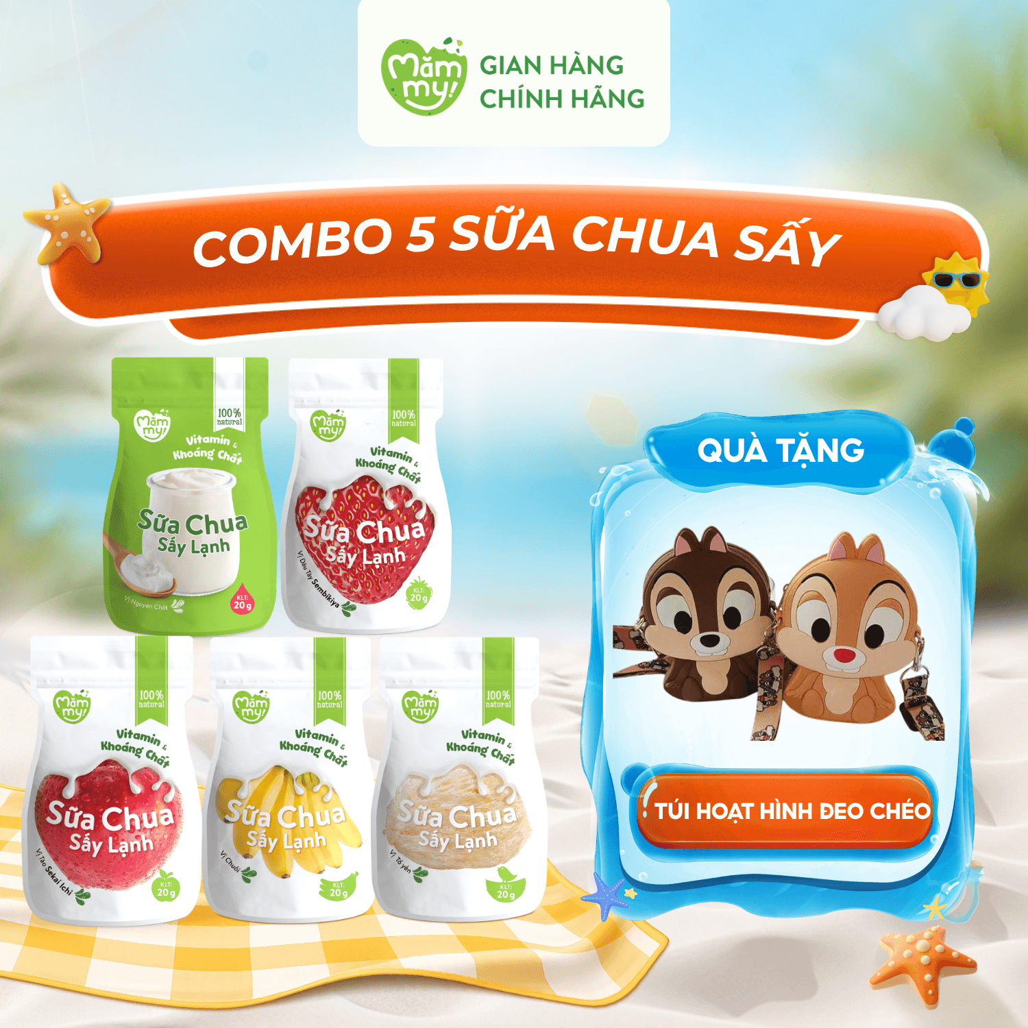 Combo 5 sữa chua sấy (Đủ vị) - Tặng TÚI ĐEO CHÉO HOẠT HÌNH
