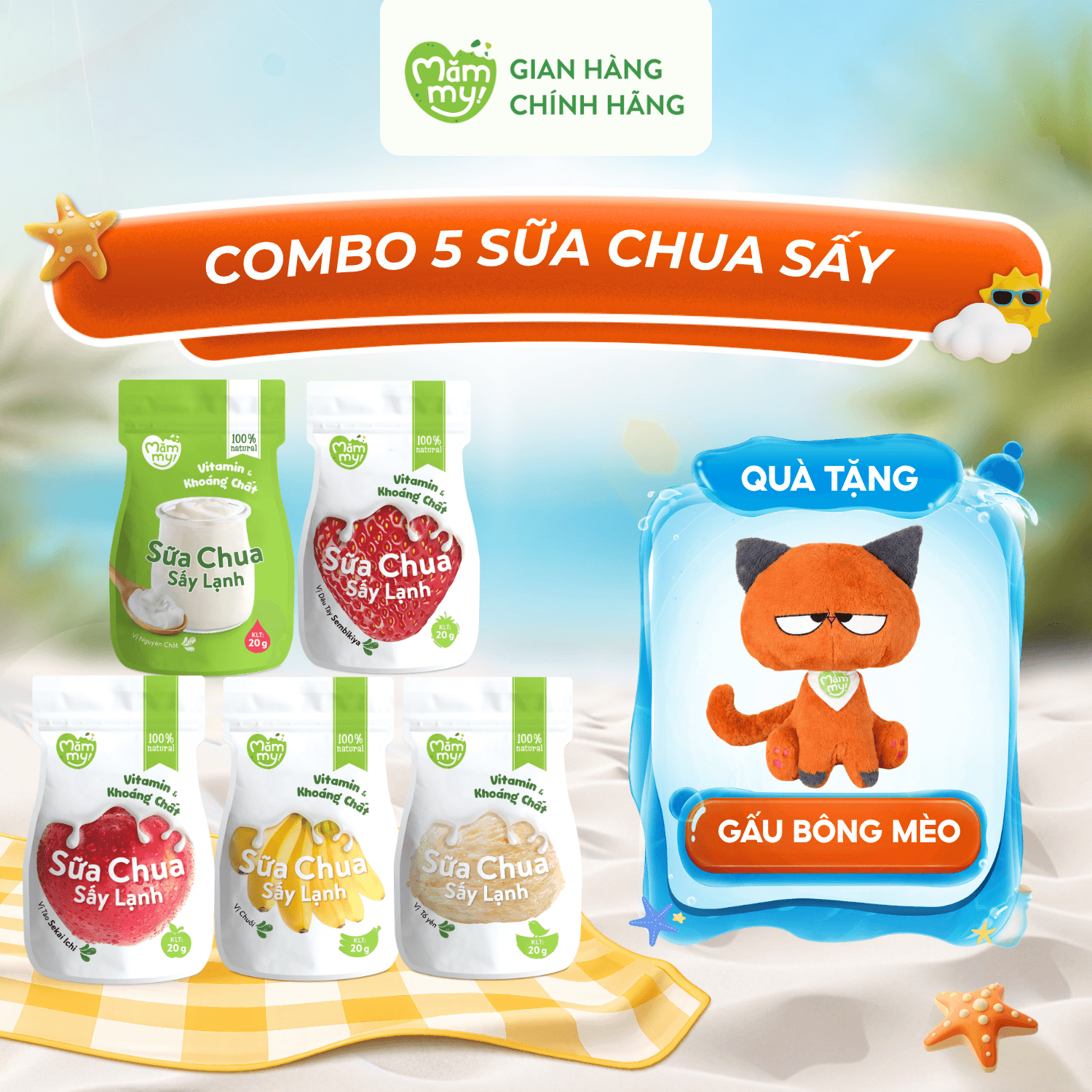 Combo 5 sữa chua sấy (Đủ vị) - Tặng GẤU BÔNG MÈO 1