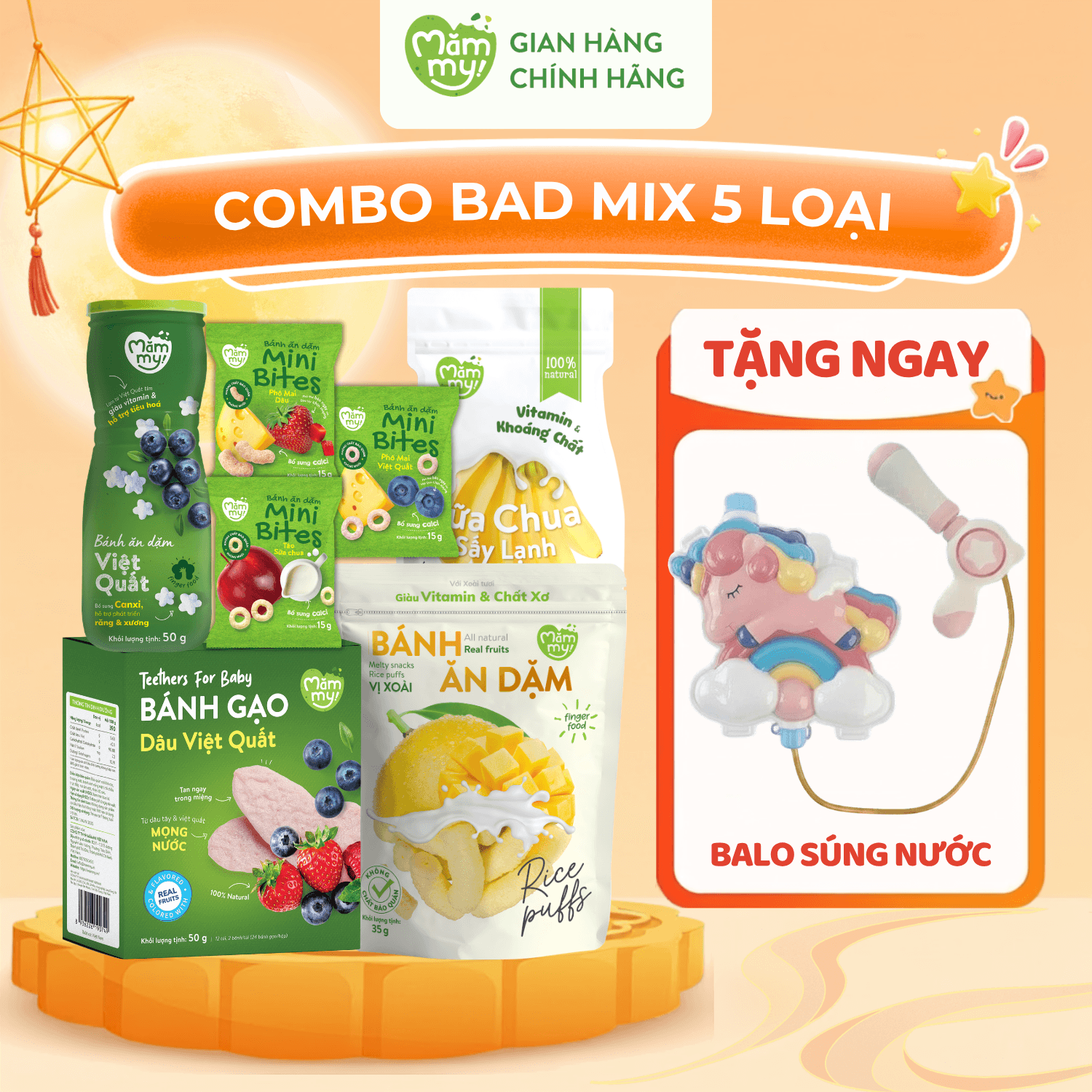 Combo Bánh Ăn Dặm Cho Bé Mix 5 Loại - Tặng BALO SÚNG NƯỚC