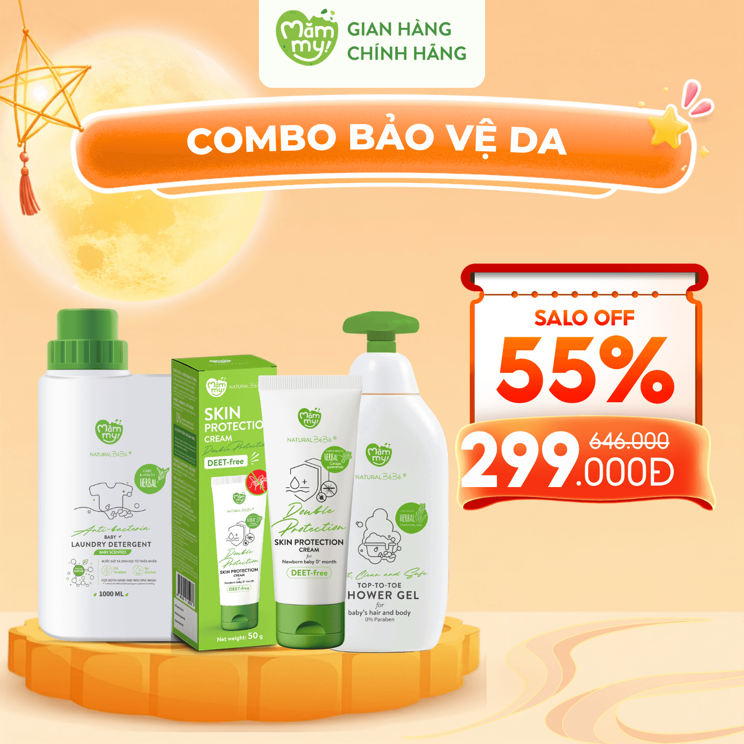 Combo Bảo vệ da: Sữa tắm gội 500ml, Kem chống muỗi 50g, Can nước giặt 1000ml