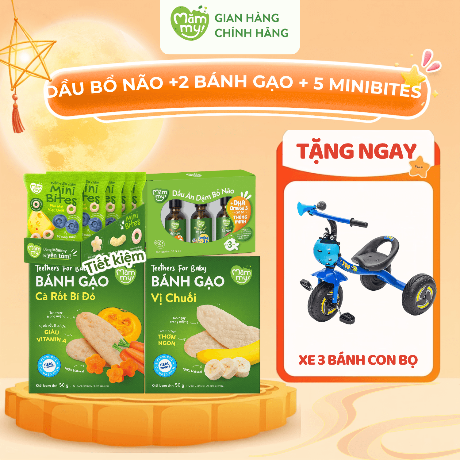 Combo: Set 3 dầu bổ não 30ml + 2 Bánh Gạo + 5 Bánh Minibites - Tặng XE BA BÁNH CON BỌ 1