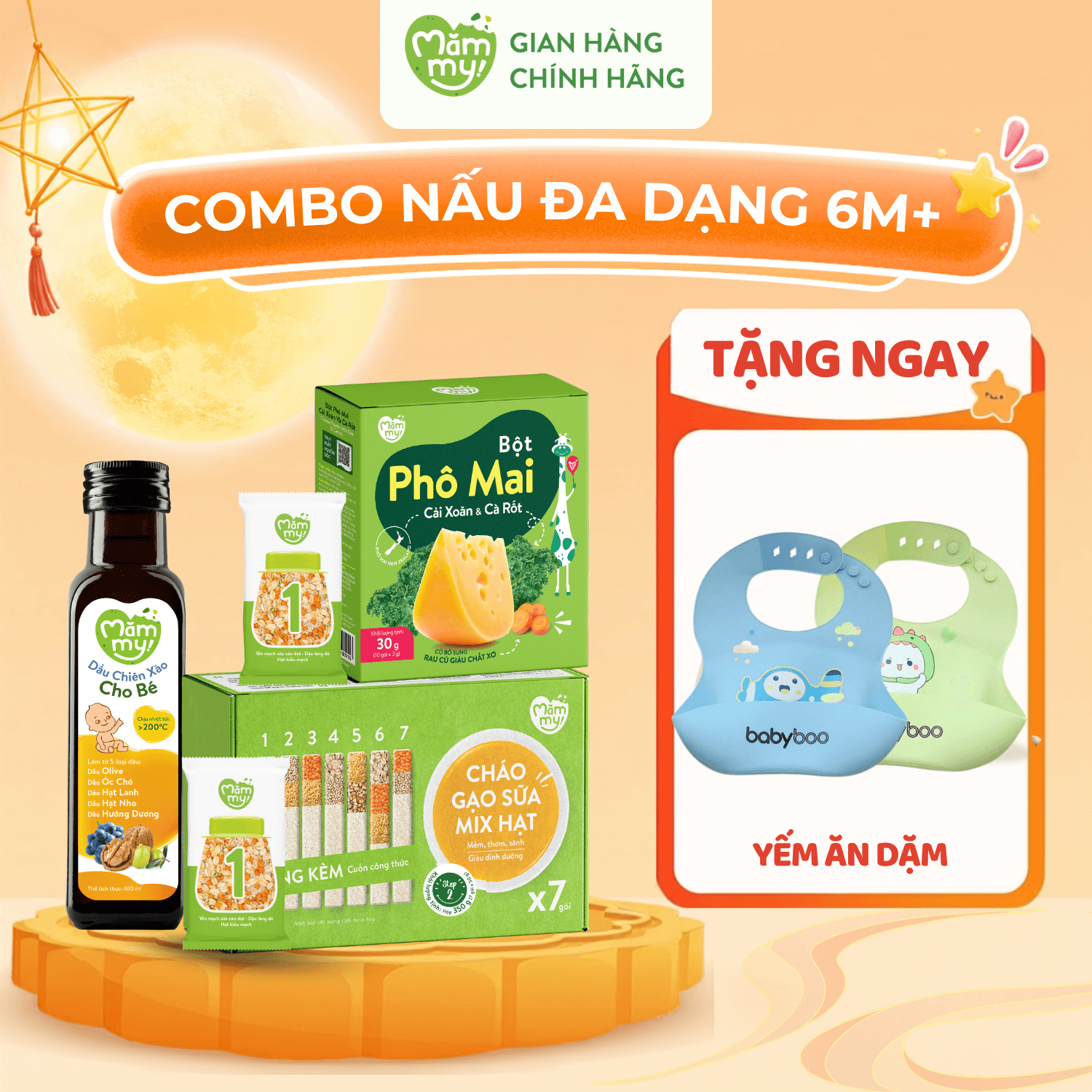 Combo nấu đa dạng 6m+: Cháo Gạo Sữa Mix Hạt + Dầu Chiên Xào + Phô Mai Rau Củ- Tặng YẾM ĂN DẶM 1
