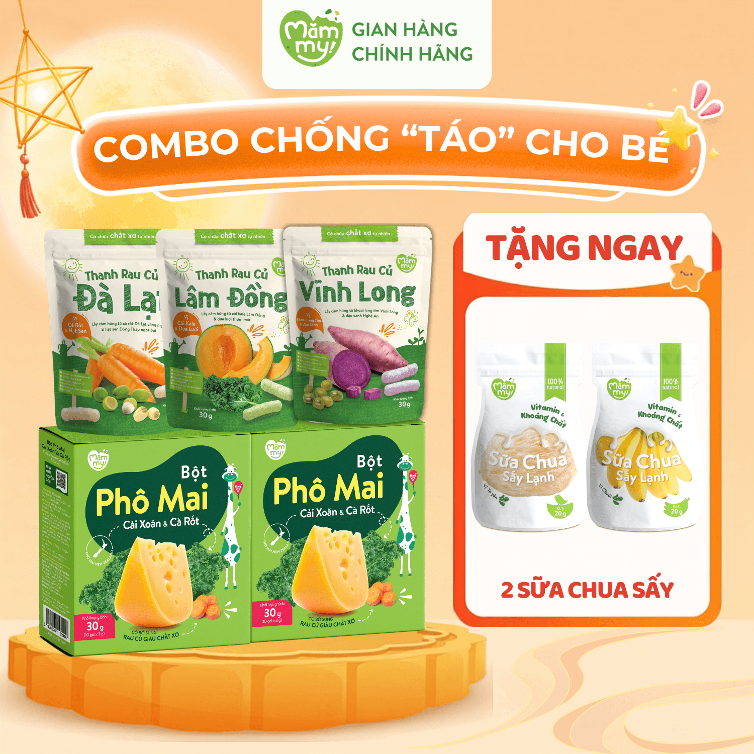 Combo chống "táo": 2 Phô Mai Rau Củ + 3 Bánh Thanh Rau Củ - Tặng 2 SỮA CHUA SẤY