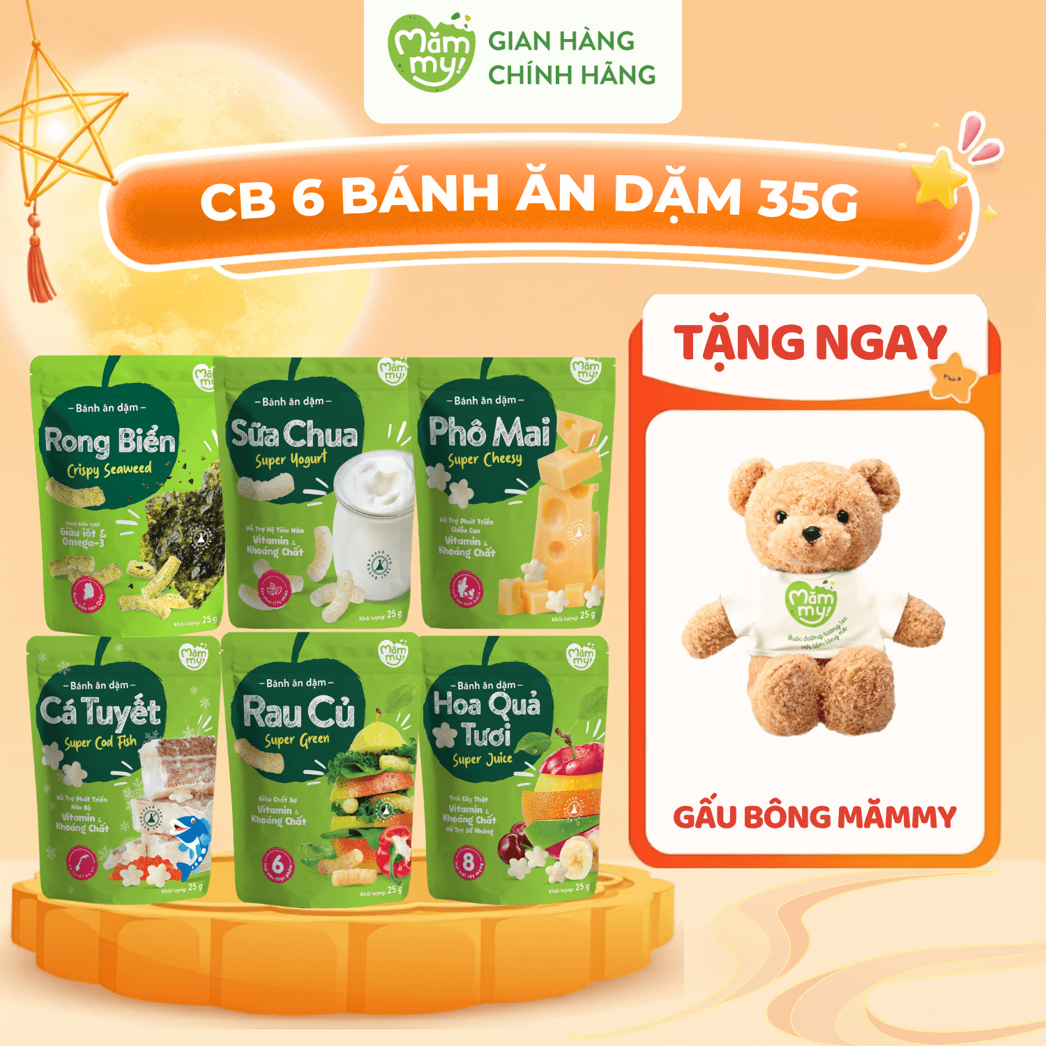 Combo 6 Bánh Ăn Dặm Mămmy Túi 35G - Tặng GẤU BÔNG MĂMMY 1