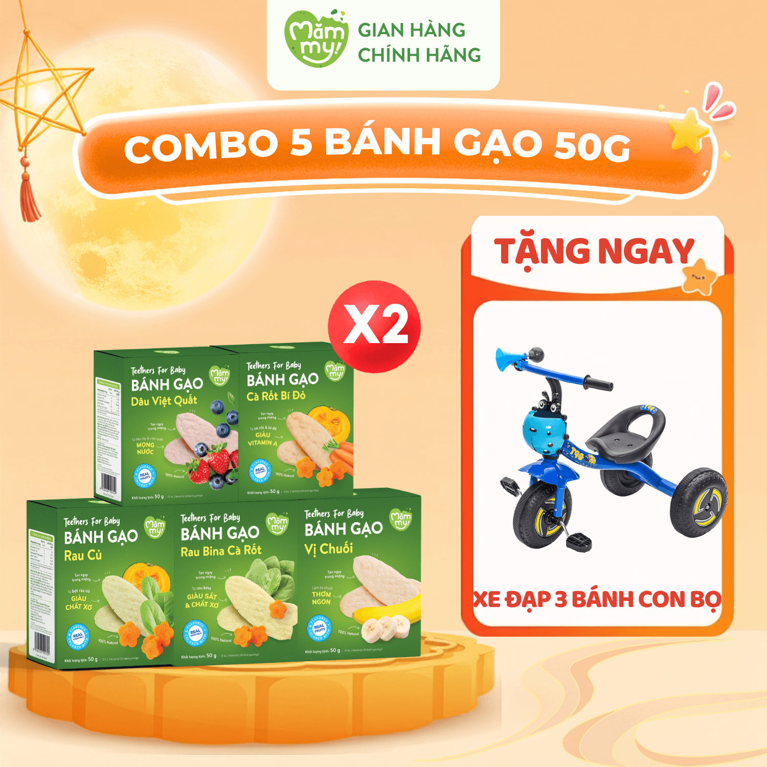 Combo 10 Bánh Gạo Dẹt 50g (đủ vị) - Tặng XE 3 BÁNH CON BỌ 1