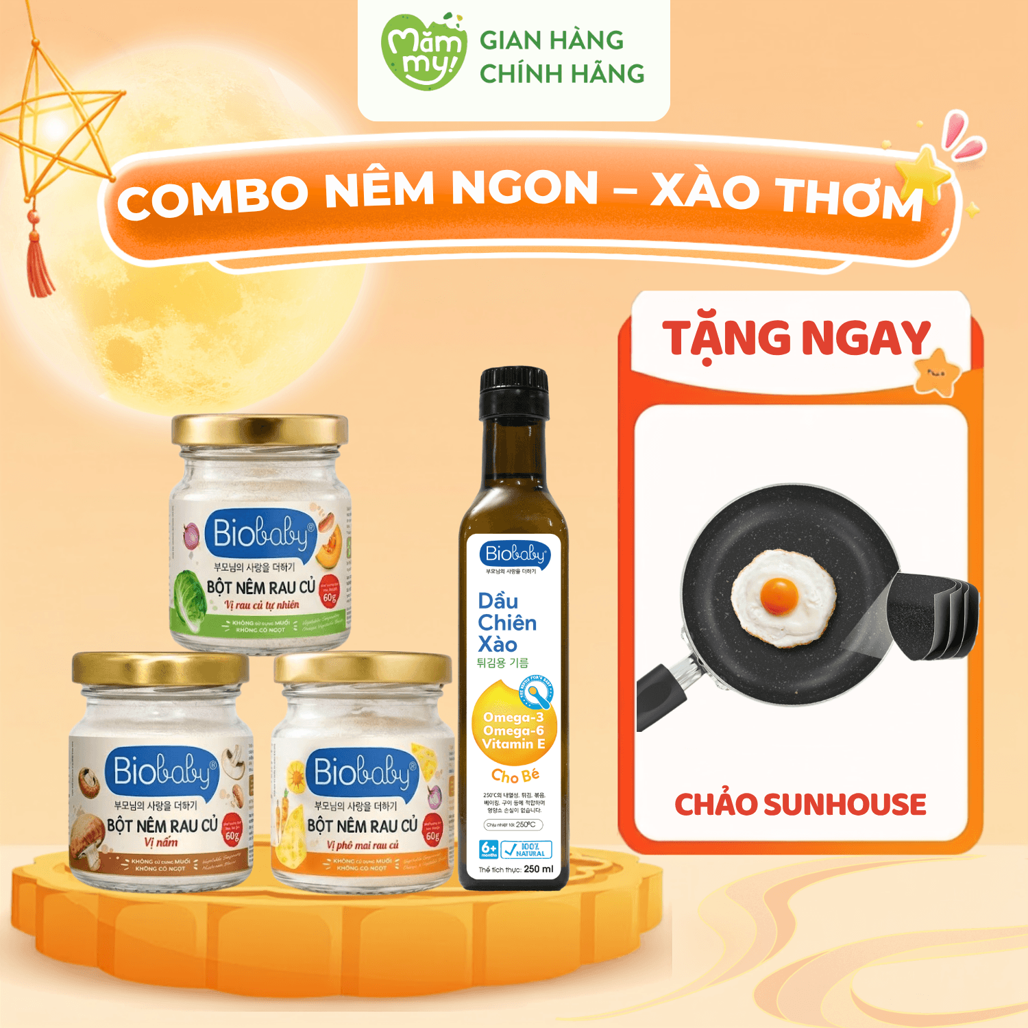 Combo 3 Bột Nêm Biobaby + Dầu Chiên Xào Biobaby 250ml - Tặng CHẢO SUNHOUSE