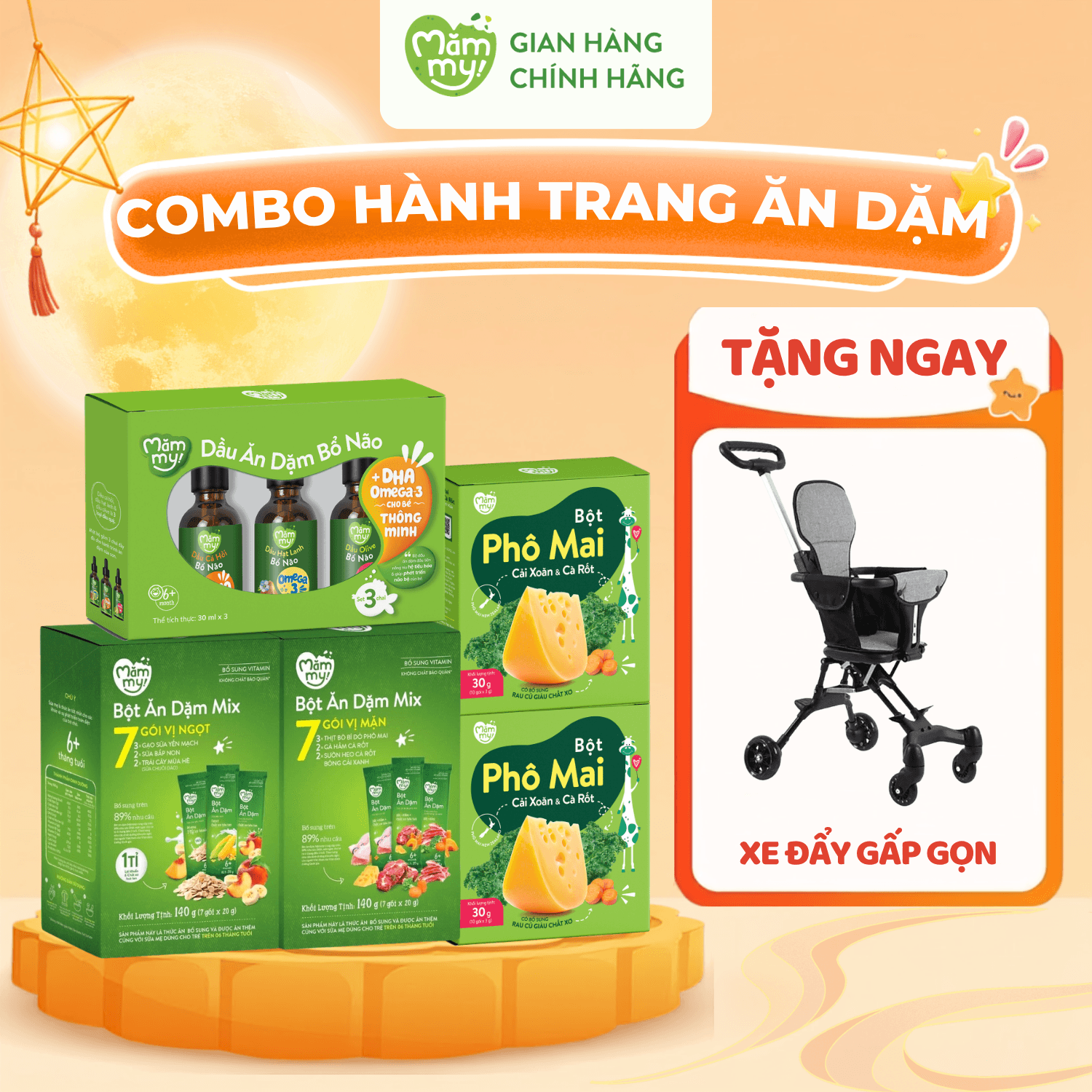 Combo 2 Bột Ăn Dặm + 2 Phô Mai Rau Củ + Set 3 Dầu Bổ Não 30ml - TẶNG XE ĐẨY GẤP GỌN 1