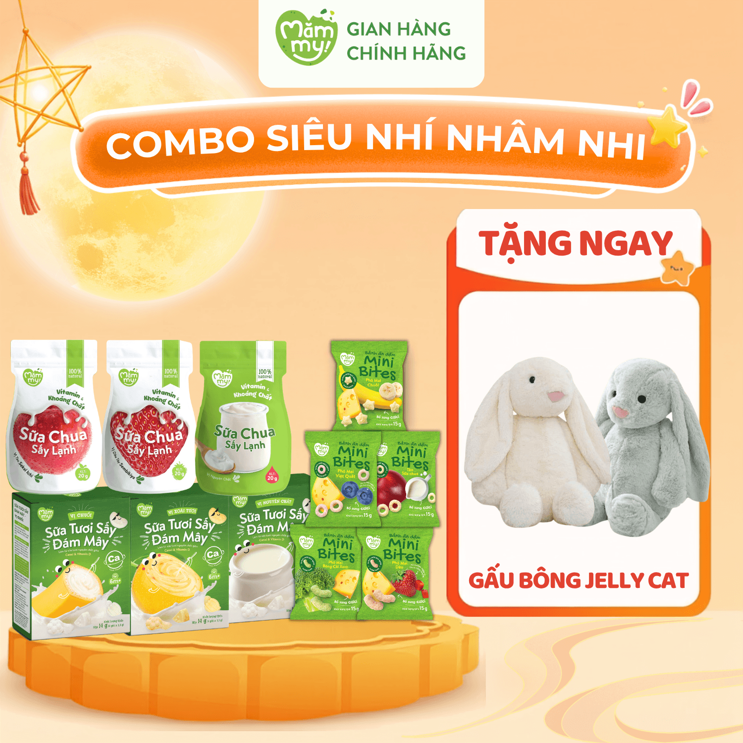 Combo 5 Minibites Đủ Vị + 3 Sữa Chua Sấy + 3 Sữa Tươi Sấy - Tặng GẤU BÔNG JELLY CAT