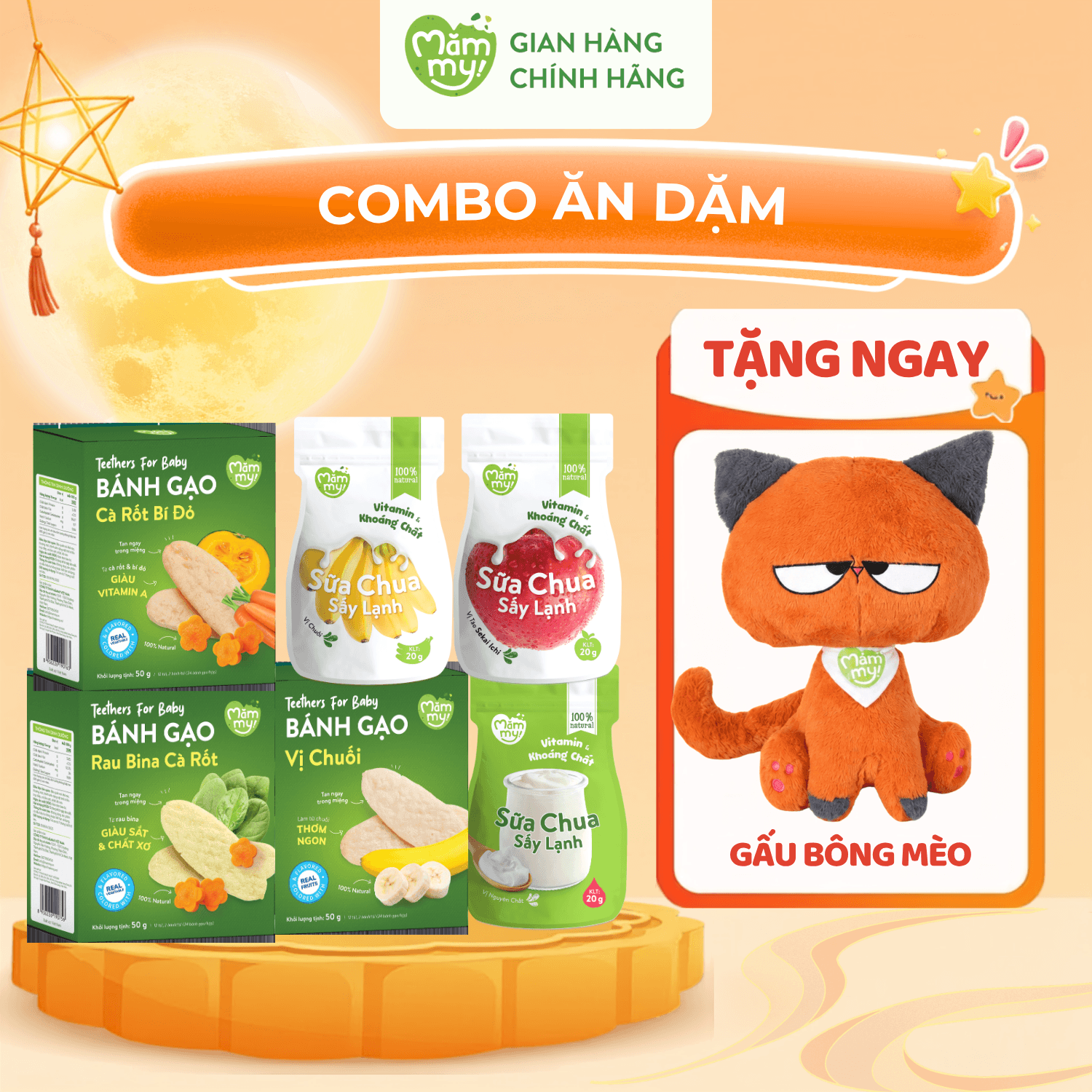 Combo 3 Hộp Bánh Gạo Dẹt + 3 Sữa Chua Sấy - Tặng GẤU BÔNG MÈO MẶT QUẠO