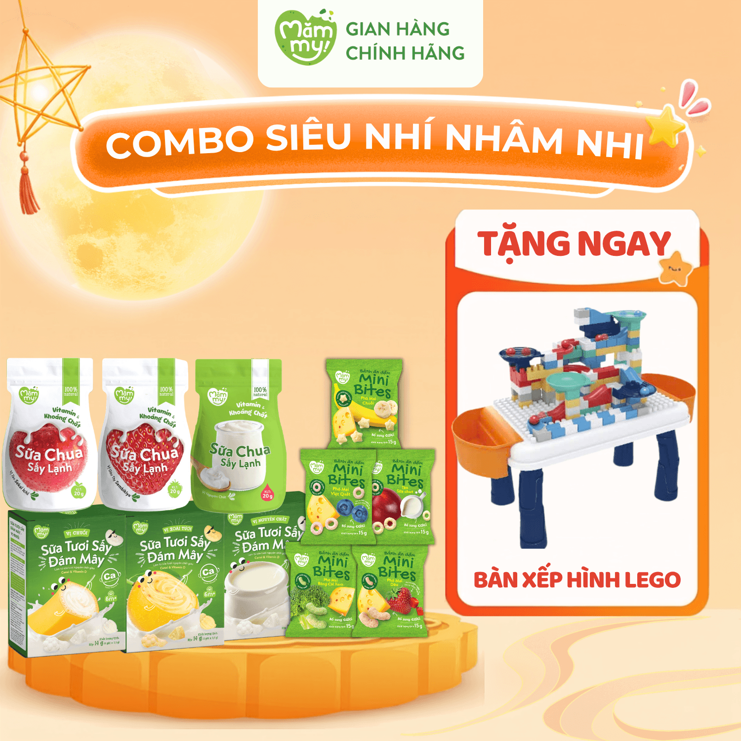 Combo 5 Minibites Đủ Vị + 3 Sữa Chua Sấy + 3 Sữa Tươi Sấy - Tặng BỘ ĐỒ CHƠI XẾP HÌNH LEGO