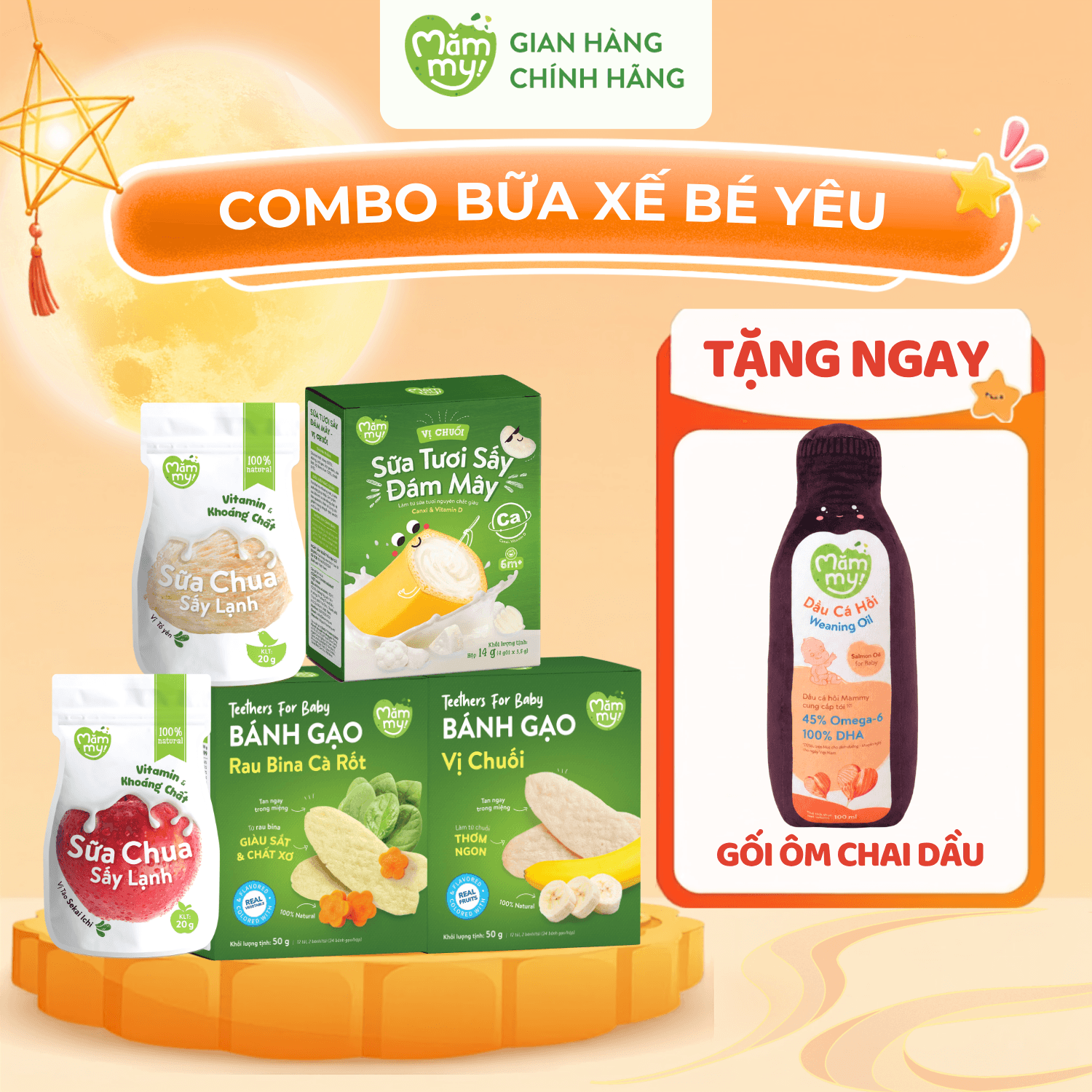 Combo 2 Hộp Bánh Gạo Dẹt + 2 Sữa Chua Sấy + 1 Sữa Tươi Sấy - Tặng GỐI ÔM CHAI DẦU MĂMMY