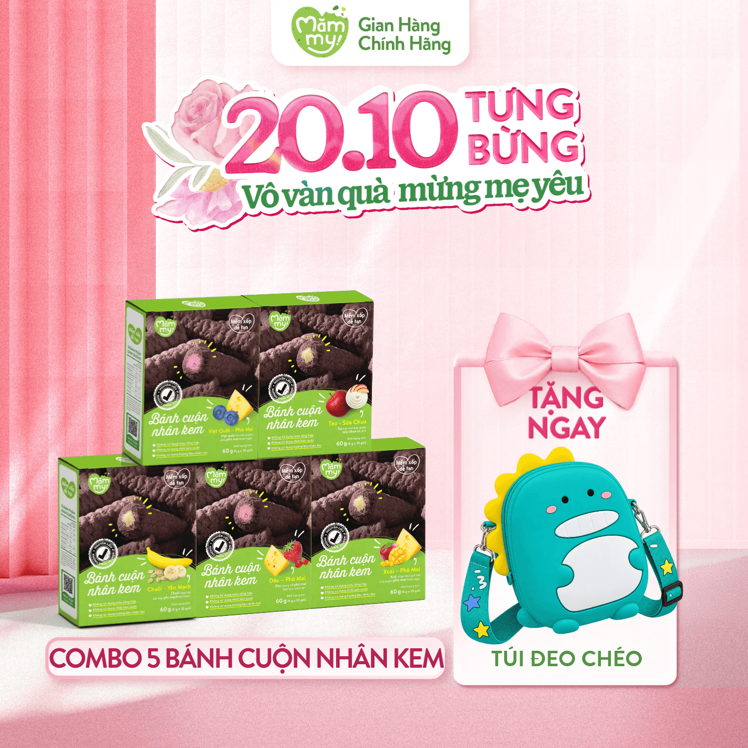 Combo 5 Bánh Cuộn Nhân Kem - Tặng Túi Đeo Chéo Khủng Long 1